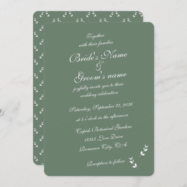Invitación Elegante Boda formal de escritura verde salada (Anverso / Reverso)