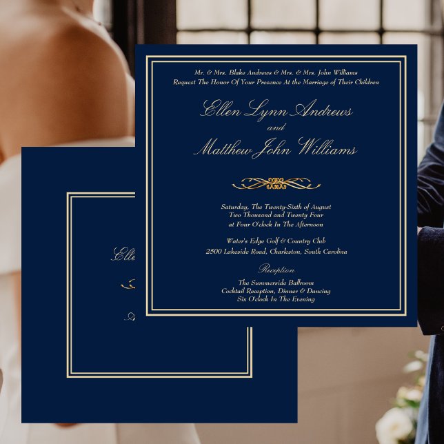 Invitación Elegante Boda formal de la Marina Azul y Oro (Elegant Navy Blue and Gold Formal Wedding Invitation)