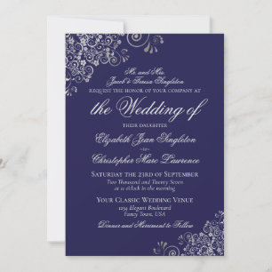 Invitación Elegante Boda formal de la Marina Azul y Plata
