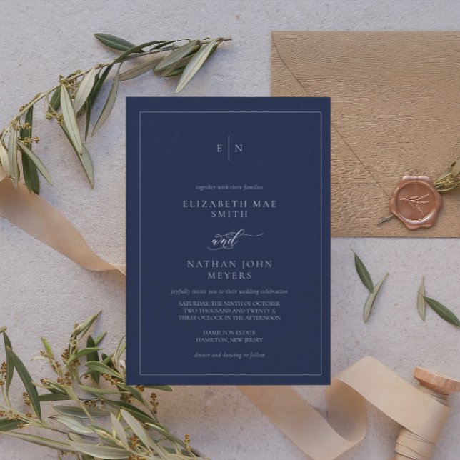Invitación Elegante Boda formal de la Marina Monográfica Azul (Subido por el creador)