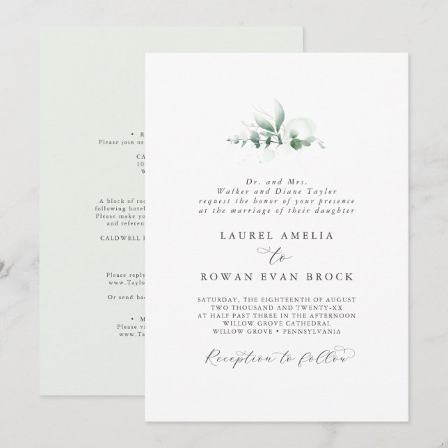 Invitación Elegante Boda formal de la vegetación (Anverso / Reverso)