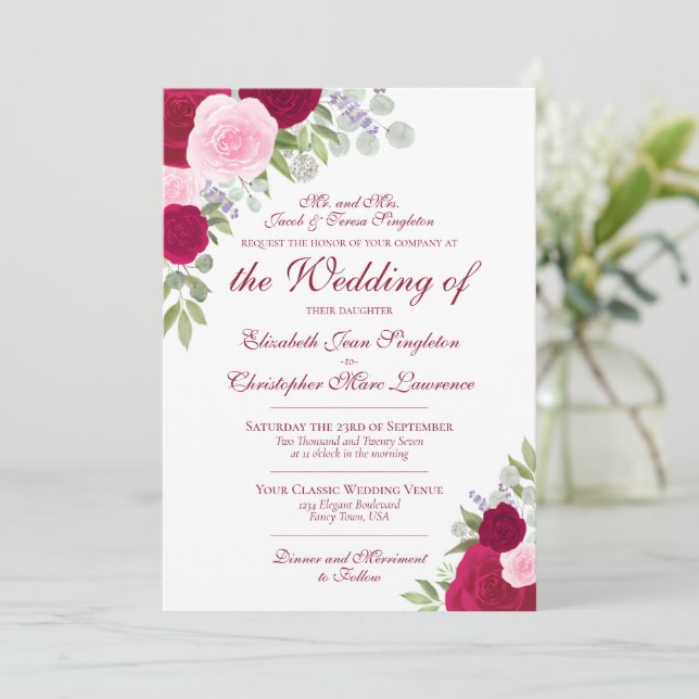 Invitación Elegante Boda formal de magenta y boho rosa (Anverso de pie)