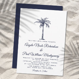 Invitación Elegante Boda Formal de Playa con Palma Azul Marin