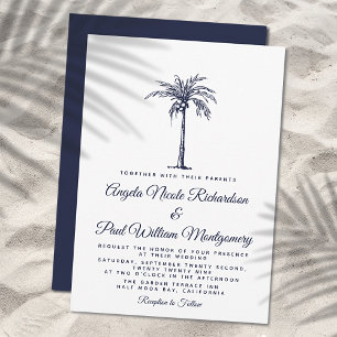 Invitación Elegante Boda Formal de Playa con Palma Azul Marin