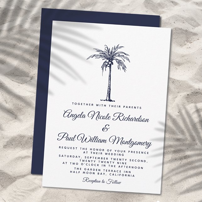 Invitación Elegante Boda Formal de Playa con Palma Azul Marin (Subido por el creador)