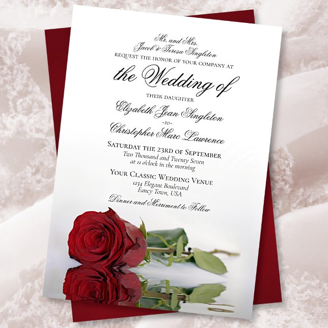 Invitación Elegante Boda formal de rosa roja de larga estampa (Subido por el creador)