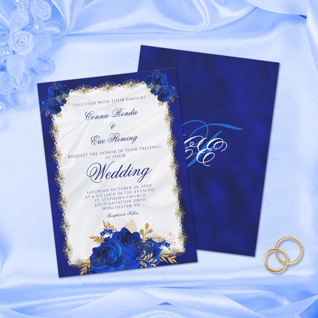 Invitación Elegante Boda formal del Monograma Azul Real Rosas (Subido por el creador)