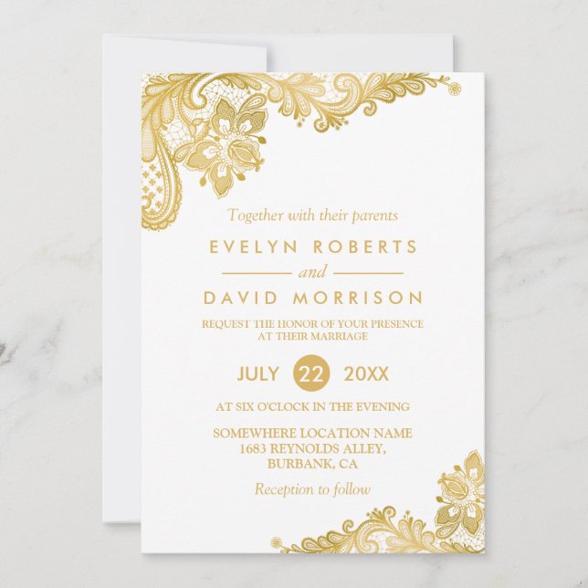 Invitación Elegante Boda formal del patrón de encaje dorado b (Anverso)