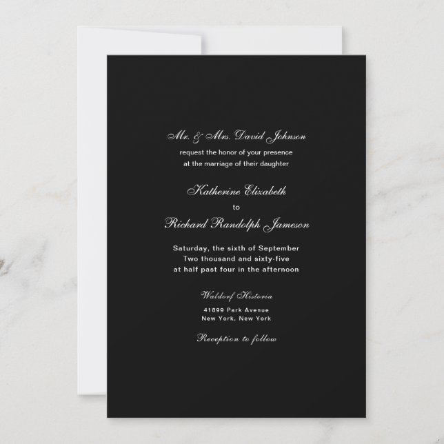 Invitación Elegante Boda Formal en un Lugar Negro (Anverso)
