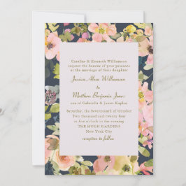 Invitación Elegante Boda Formal Floral Acuarela Rosa Marina