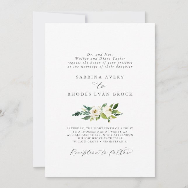 Invitación Elegante Boda formal floral blanca (Anverso)
