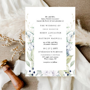 Invitación Elegante Boda formal floral blanca y azul