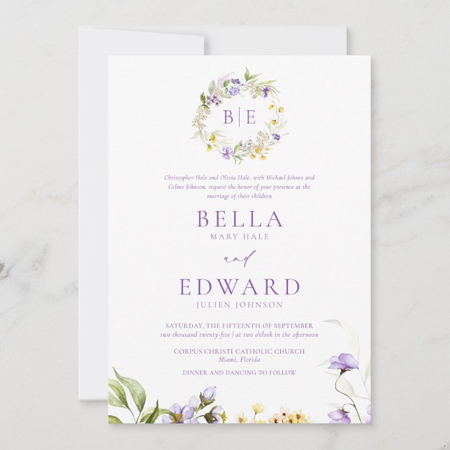 Invitación Elegante Boda formal floral morado amarillo (Anverso)