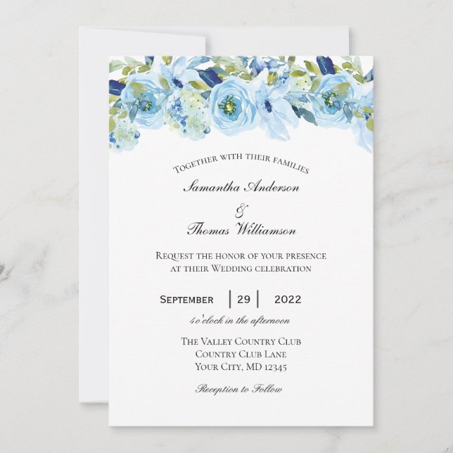 Invitación Elegante Boda formal floral verde azul (Anverso)
