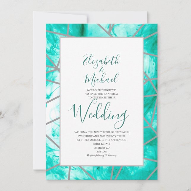 Invitación Elegante Boda formal geométrico azul acuático (Anverso)