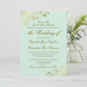 Invitación Elegante Boda formal Mint Green & Gold Classic