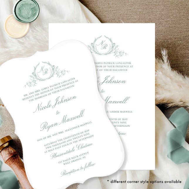 Invitación Elegante Boda formal monograma verde pálido (Subido por el creador)