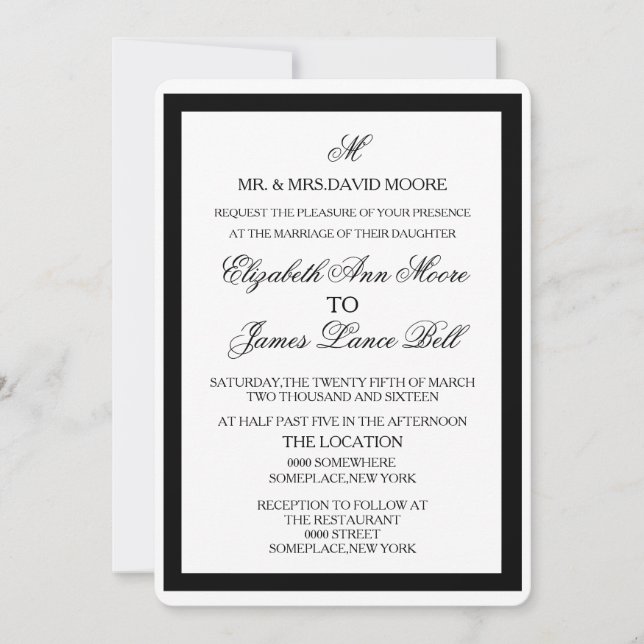 Invitación Elegante Boda formal negro y blanco (Anverso)