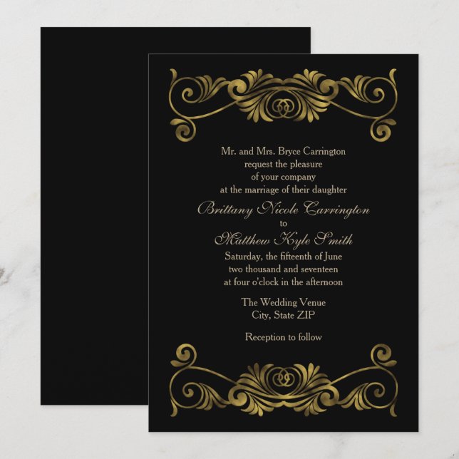 Invitación Elegante Boda formal negro y oro (Anverso / Reverso)