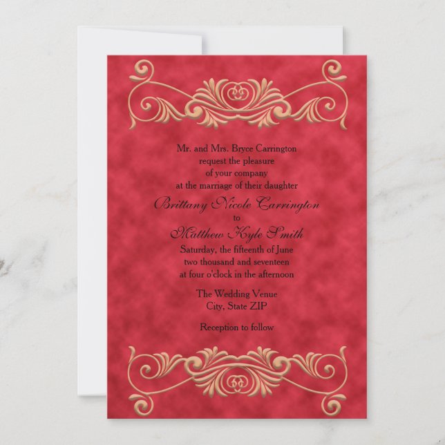 Invitación Elegante Boda Formal Roja y Dorada (Anverso)