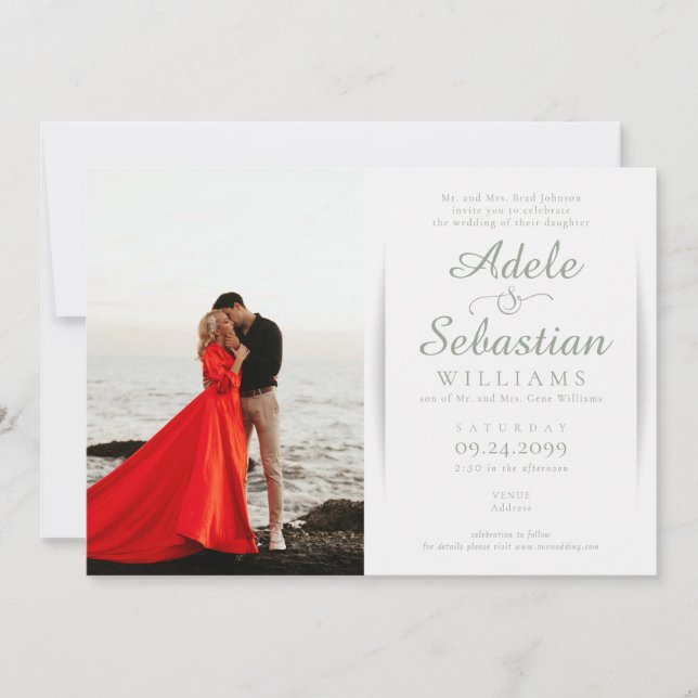 Invitación Elegante Boda formal Sage Green Photo Monogram (Anverso)