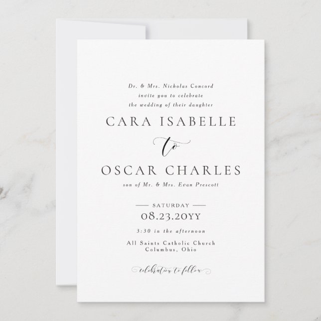 Invitación Elegante boda formal simple en blanco y negro (Anverso)