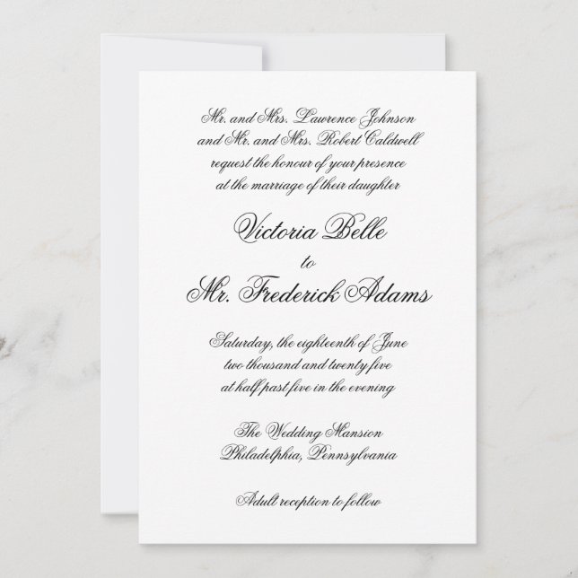 Invitación Elegante Boda formal tradicional blanco y negro (Anverso)