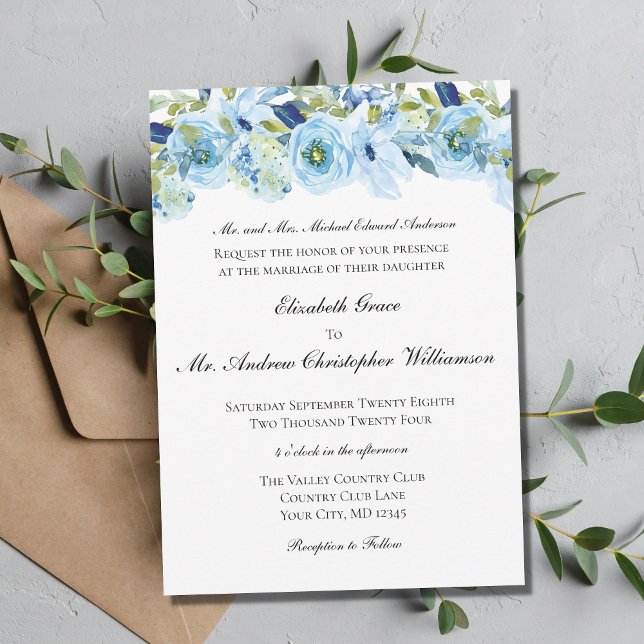 Invitación Elegante Boda formal tradicional floral azul (Subido por el creador)