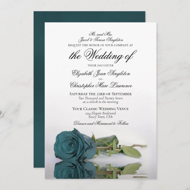Invitación Elegante Boda formal Verde azulado o Rosa turquesa (Anverso / Reverso)