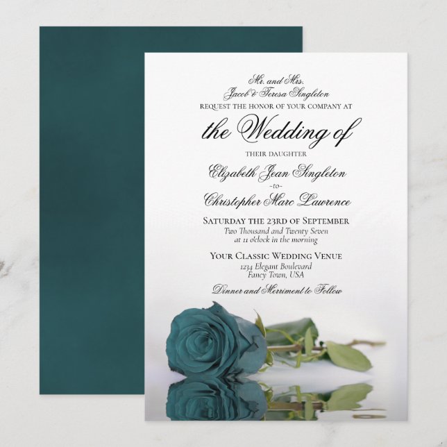 Invitación Elegante Boda formal Verde azulado o Rosa turquesa (Anverso / Reverso)