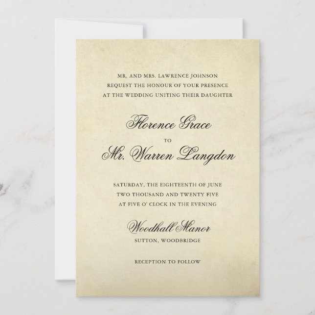 Invitación Elegante Boda formal vintage (Anverso)