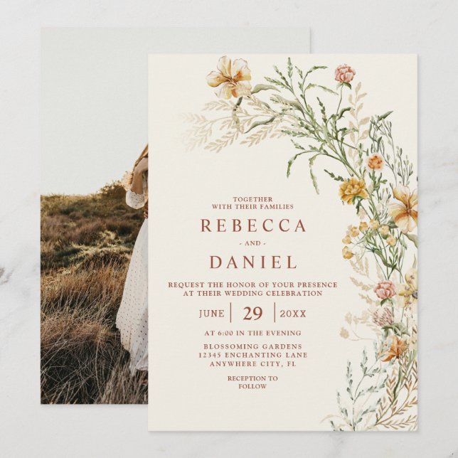Invitación Elegante Boda fotográfico Beige Boho Floral (Anverso / Reverso)