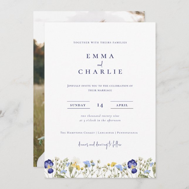 Invitación Elegante Boda fotográfico Boho Wildflowers (Anverso / Reverso)