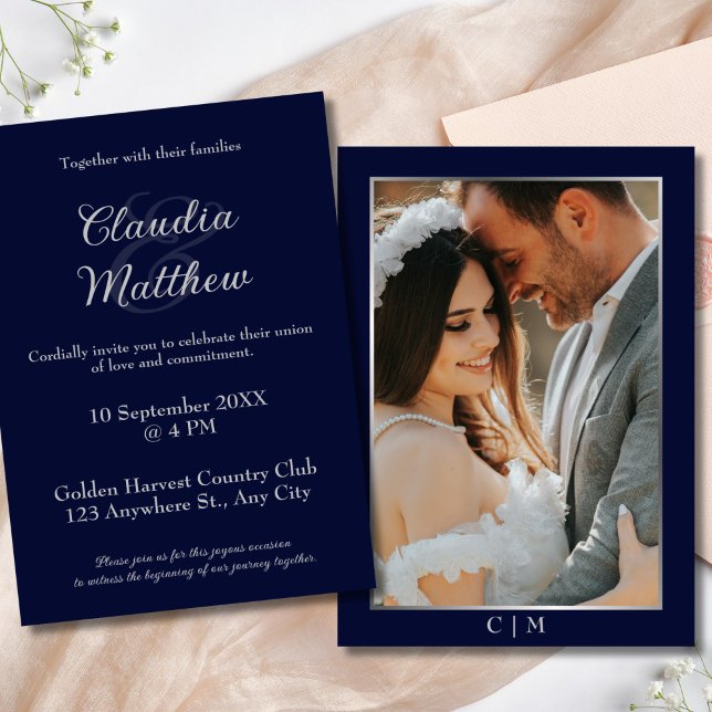 Invitación Elegante Boda fotográfico con guiones azul y plate (Elegant Blue & Silver Script Photo Wedding Invitation)
