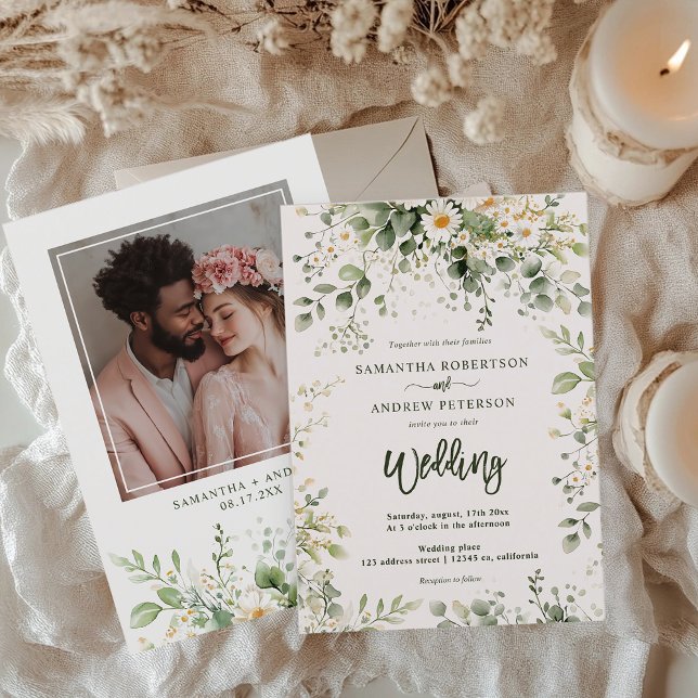 Invitación Elegante Boda fotográfico de Boho Greenery Wildflo (Elegant Boho Greenery Wildflower Photo Wedding Invitation)