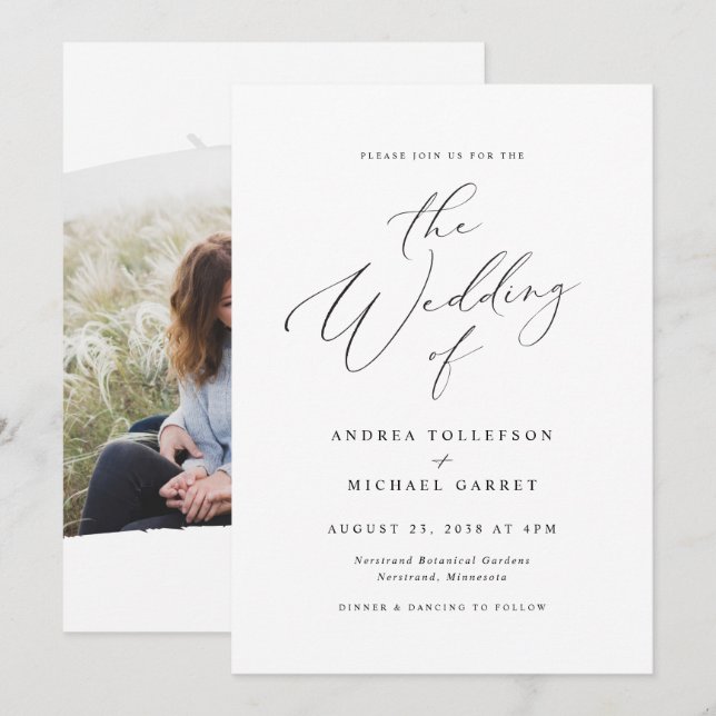 Invitación Elegante Boda fotográfico de caligrafía de época (Anverso / Reverso)