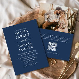 Invitación Elegante Boda fotográfico de código QR azul de la 