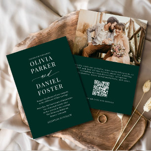 Invitación Elegante Boda fotográfico de código QR verde esmer