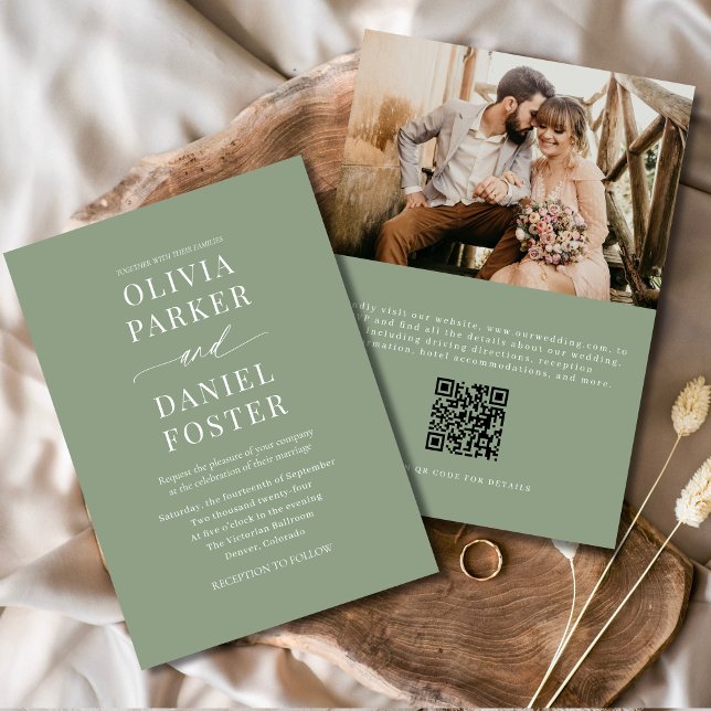 Invitación Elegante Boda fotográfico de código QR verde sabio (Subido por el creador)