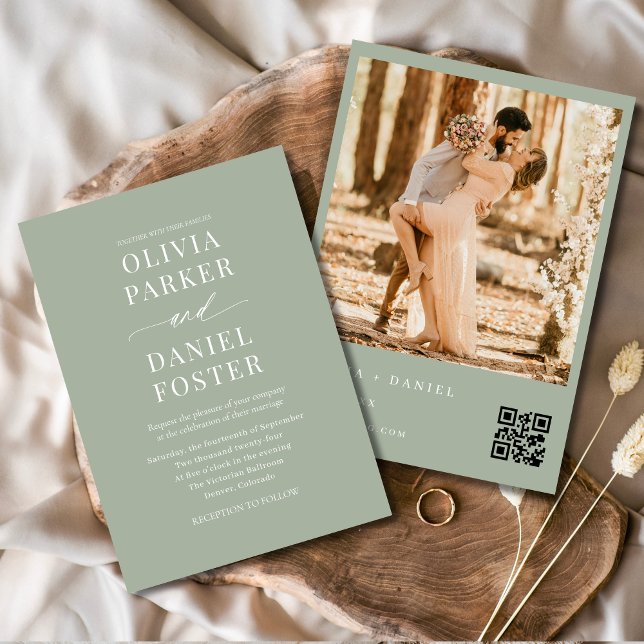 Invitación Elegante Boda fotográfico de código QR verde sabio (Subido por el creador)