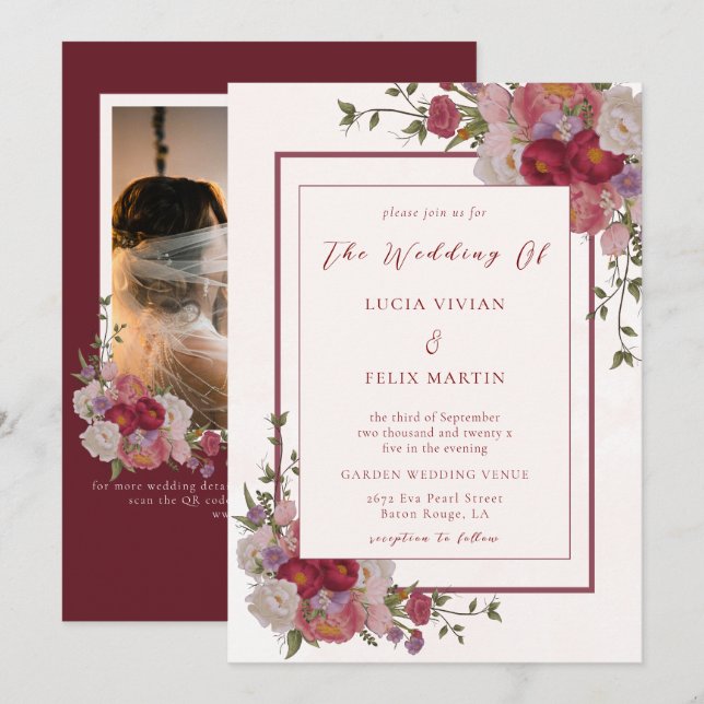 Invitación Elegante Boda fotográfico de códigos QR floral de  (Anverso / Reverso)