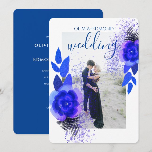Invitación Elegante Boda fotográfico de flores azul morado (Anverso / Reverso)