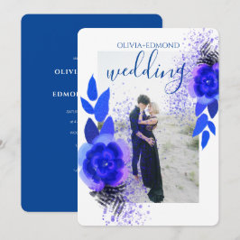 Invitación Elegante Boda fotográfico de flores azul morado