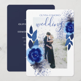 Invitación Elegante Boda fotográfico de flores azules de la M