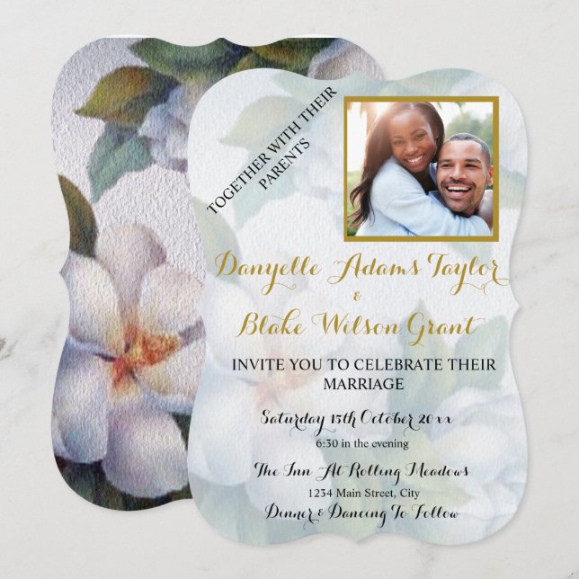 Invitación Elegante Boda fotográfico de Magnolia Blanca (Anverso / Reverso)