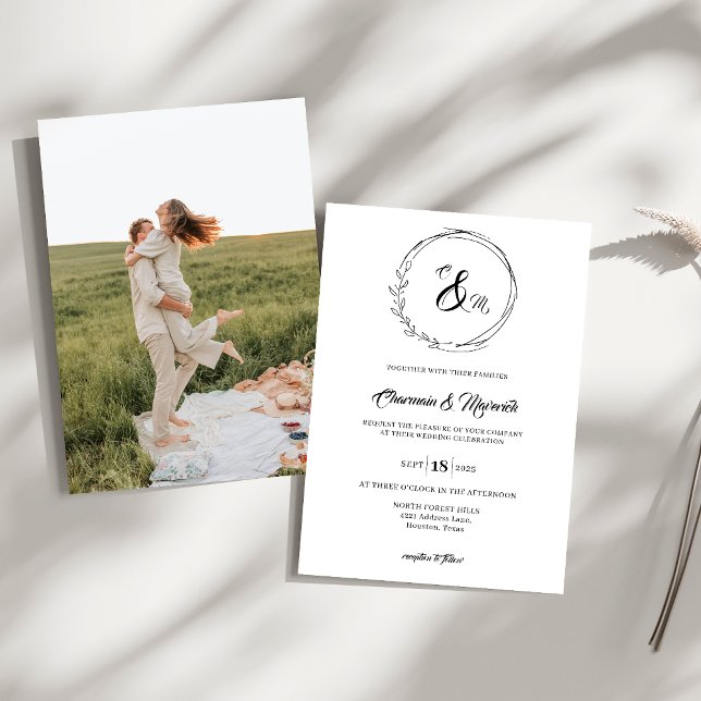 Invitación Elegante Boda fotográfico de monograma de Wreath (Subido por el creador)