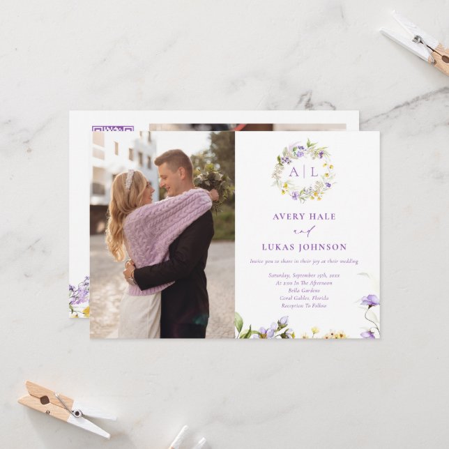 Invitación Elegante Boda fotográfico de Morado Floral (Anverso/Reverso In Situ)