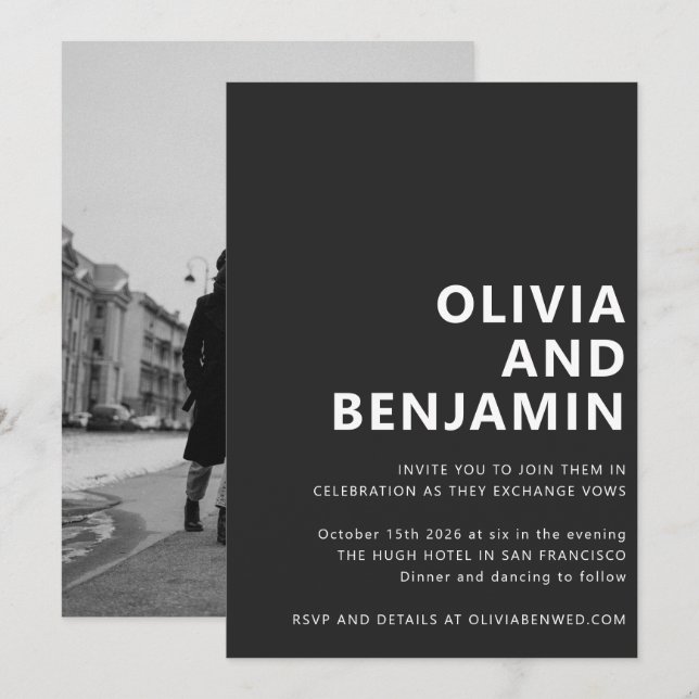 Invitación Elegante Boda fotográfico de negrita blanca y negr (Anverso / Reverso)