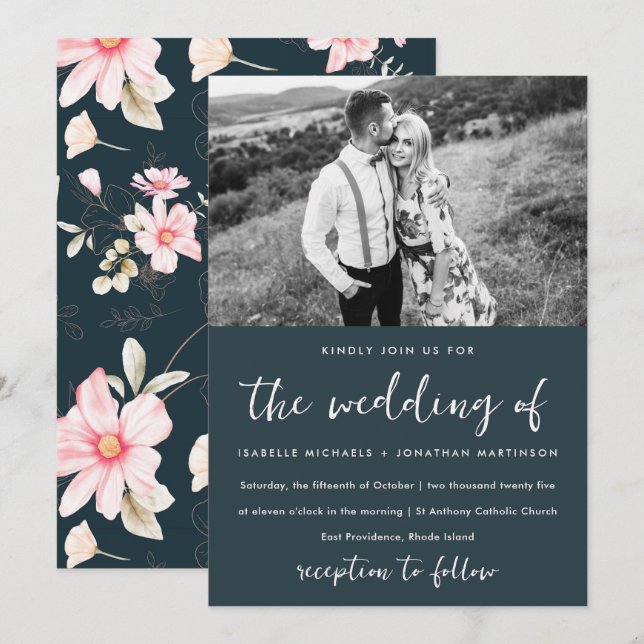 Invitación Elegante Boda fotográfico de patrón floral de Rubo (Anverso / Reverso)