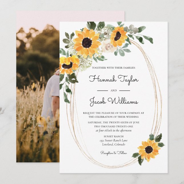 Invitación Elegante Boda Fotográfico de Sunflowers Eucalyptus (Anverso / Reverso)